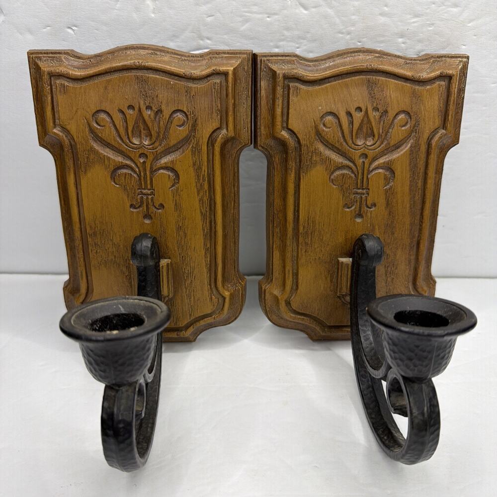 Home Interior Homco Wall Candle Sconces Brown Black 7” Retro Vintage 1981 USA